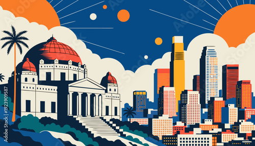 Very beautiful Griffith Observatory and Los Angeles skyline at sunset presenting a harmonious blend of historic architecture and glowing metropolitan lights beneath a colorful California sky.
