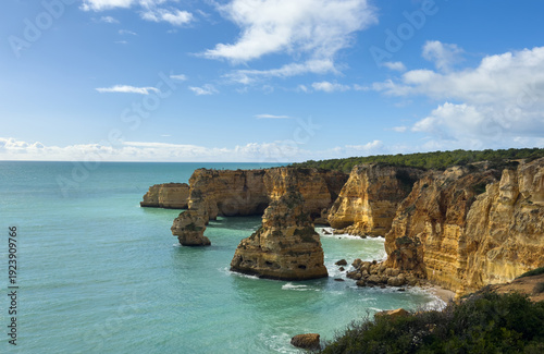 Aerial view of Marinha beach and Mesquita beach. Beautiful beach in the Carvoeiro, in Algarve, Portugal