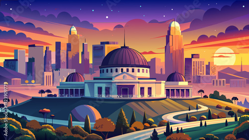 Very beautiful Griffith Observatory and Los Angeles skyline at sunset presenting a harmonious blend of historic architecture and glowing metropolitan lights beneath a colorful California sky.
