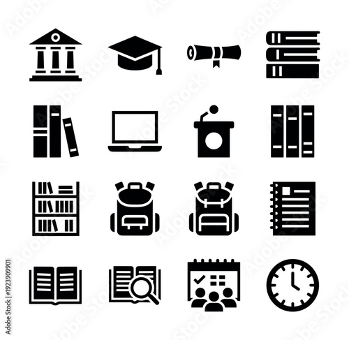 Collection of educational and academic icons representing learning and school activities