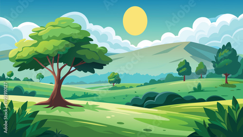 A vibrant cartoon landscape features a large tree rolling hills and a bright yellow sun