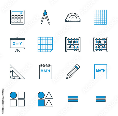 Collection of math and education icons including calculator, compass, protractor, and graph paper