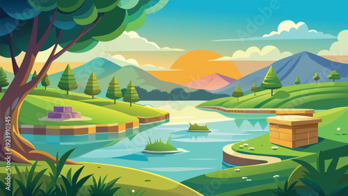 A vibrant cartoon landscape depicts a serene lake surrounded by lush greenery and mountains high quality
