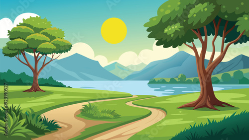 A serene landscape depicts a winding path leading to a lake with mountains in the background