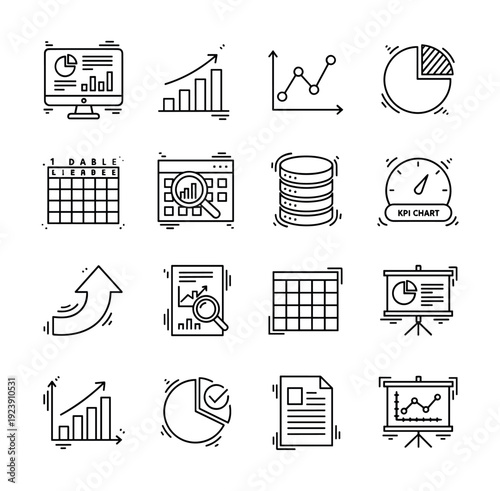 Collection of business analytics and data visualization icons for financial reports