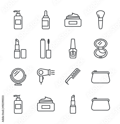 Collection of beauty and cosmetic product line icons for makeup and skincare routines