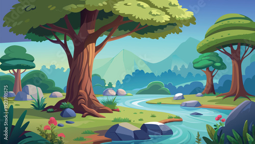 A vibrant cartoon landscape depicts a winding river flowing through a lush mountainous valley high quality