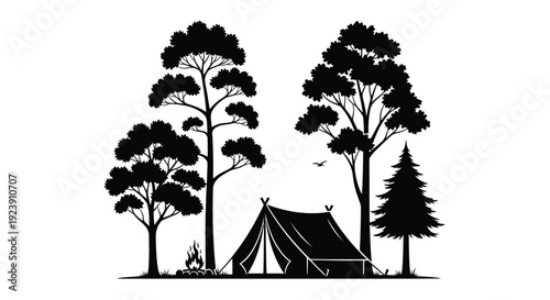 Forest camping scene with a tent and campfire black silhouette