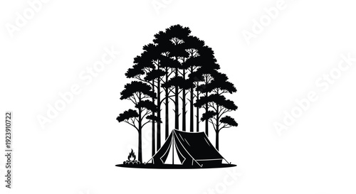 A black silhouette of trees and a tent in a forest landscape