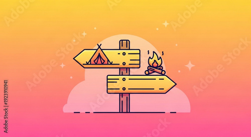 Camping signs on wooden post with tent and campfire icons pointing directions outdoors at sunset