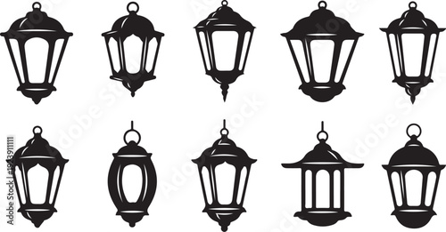 Black Silhouette Lanterns on White Background Illustration Set
