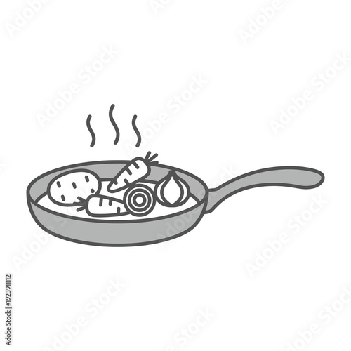 Wholesome vegetables including carrots potatoes and onions sizzling in a hot frying pan with steam rising indicating a delicious and healthy meal preparation or cooking process in a simple clean