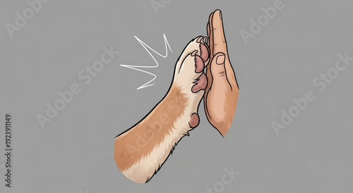 Dog paw and human hand high five with motion lines on gray background