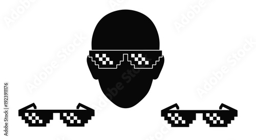 Black silhouette of a head wearing pixelated sunglasses silhouette