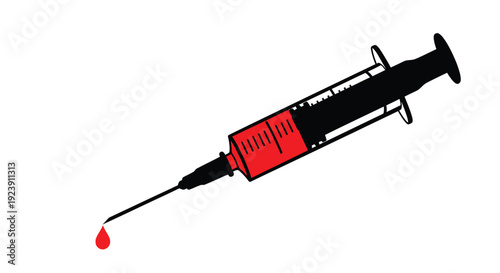 A striking black silhouette of a syringe with a red drop silhouette