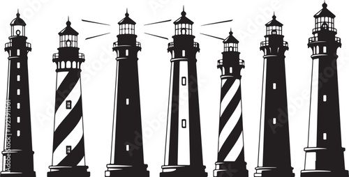 Collection of different lighthouses in black and white illustration