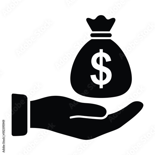 Generous hand holding a full money bag with a dollar sign symbolizing wealth financial success investment savings and profitable opportunities in a clean minimalist flat design graphic