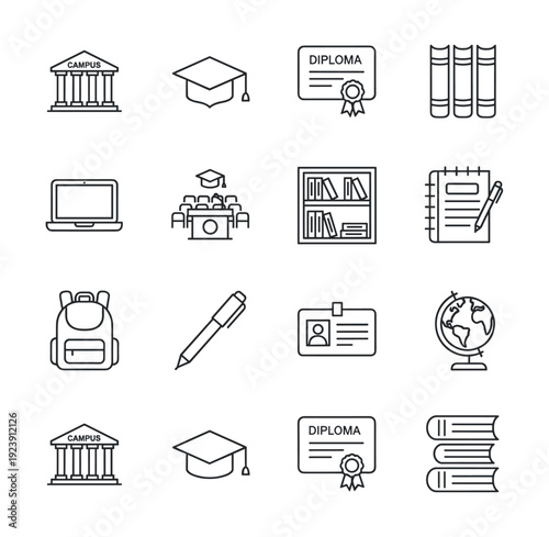 Collection of education and learning icons, representing academic symbols and school supplies