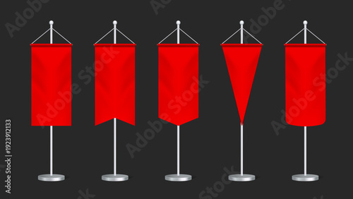 Long Pennant Banner Flag Mockup Set with Red Vertical Hanging Stand Flags and Pole. Realistic Blank Event Exhibition Promotion Display Template Vector Illustration