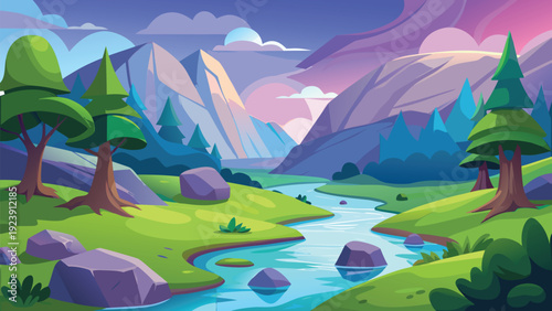 A vibrant cartoon style landscape featuring mountains trees a flowing river and a colorful sky
