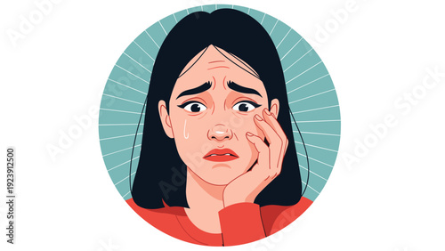 Concerned young woman with a worried facial expression rests her chin on her hand inside a teal circular frame for mental health.