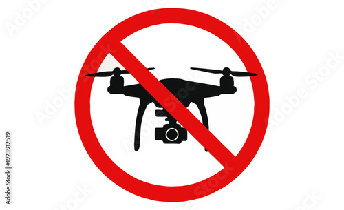 Red circle with diagonal line over a black drone with camera