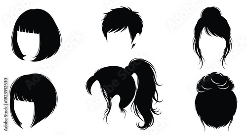 Various women s hairstyles displayed as black shapes a graphic silhouette