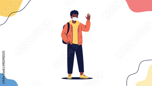 Young man in a protective face mask and orange hoodie waves friendly greeting while carrying a backpack on a white background.
