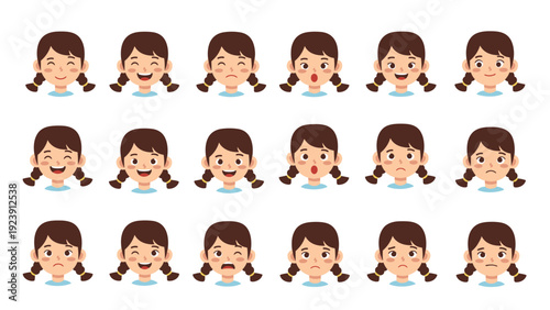 Comprehensive set of facial expressions showing different emotions for a young girl with dark hair and cute pigtails for kids.