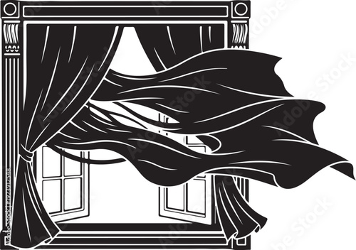Black Curtains Blowing in the Wind by a Window