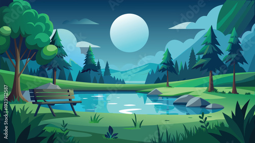 A serene landscape depicts a moonlit lake surrounded by lush trees and rolling hills high quality