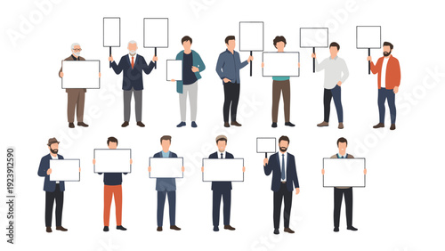Group of diverse men stand together while holding up various blank white signs and placards for a protest or demonstration.