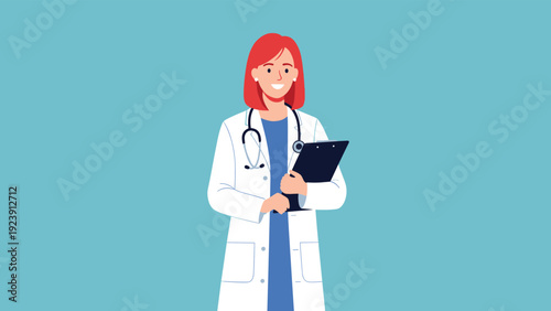 Cheerful female physician with red hair holds a clipboard while wearing a white medical lab coat and stethoscope for healthcare.