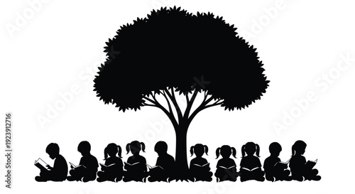 Children reading beneath a large tree a striking black silhouette