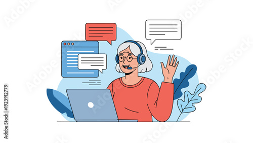 Elderly woman with gray hair wears a headset and works on her laptop with colorful chat bubbles in the background for help.