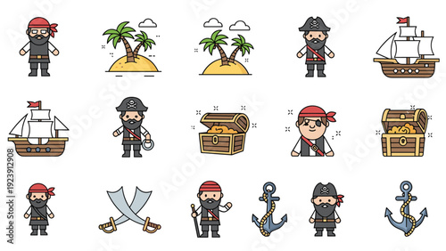 Comprehensive set of pirate-themed icons including characters, ships, treasure chests, anchors, and tropical islands.