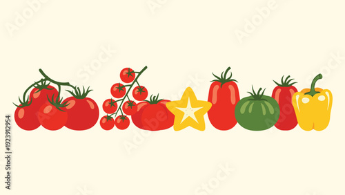 Vibrant assortment of different tomato varieties and a single yellow bell pepper arranged in a horizontal line.