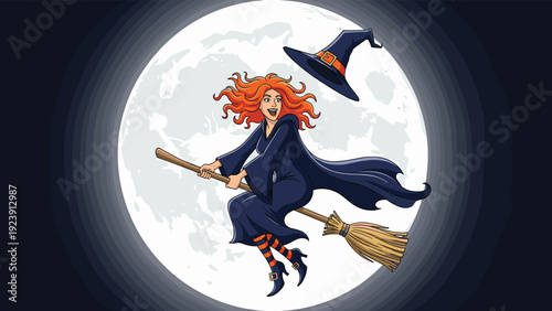 Spooky witch with orange hair flies on her magical broomstick across the large full moon during a Halloween night.