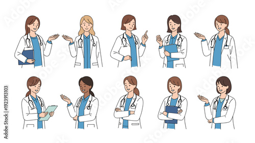 Set of female doctors and medical professionals in white coats and blue scrubs shown in various helpful poses.