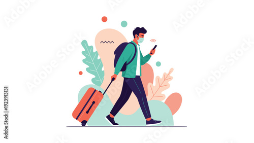 Young man wearing a protective face mask walks with his orange suitcase while checking his mobile phone at the airport.