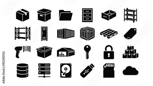 Black Logistics Icons Set on White Background, Shipping Symbols, Storage and Security Icons