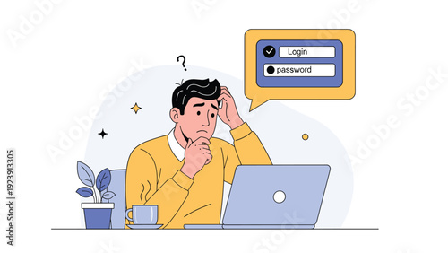Confused man scratches his head while struggling to remember his login and password credentials on a laptop computer.