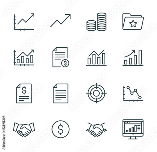 Collection of business and finance icons representing growth, data, and success