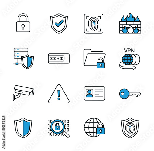 Collection of security and privacy icons representing digital protection and data safety