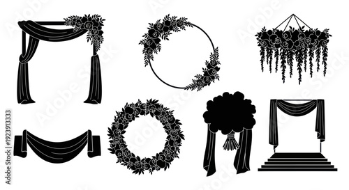 Wedding and Event Decoration Glyphs Set. Elegant Silhouette Icons of Floral Arches, Wreaths, Draping, and Bouquets for Celebrations.