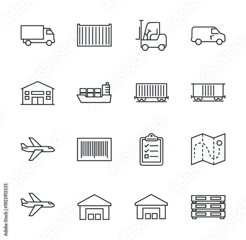 Collection of logistics and shipping icons representing various modes of transport and services