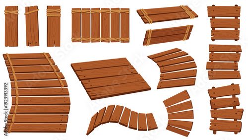 Versatile collection of wooden planks, platforms, and rope bridges for game level design and environment assets.