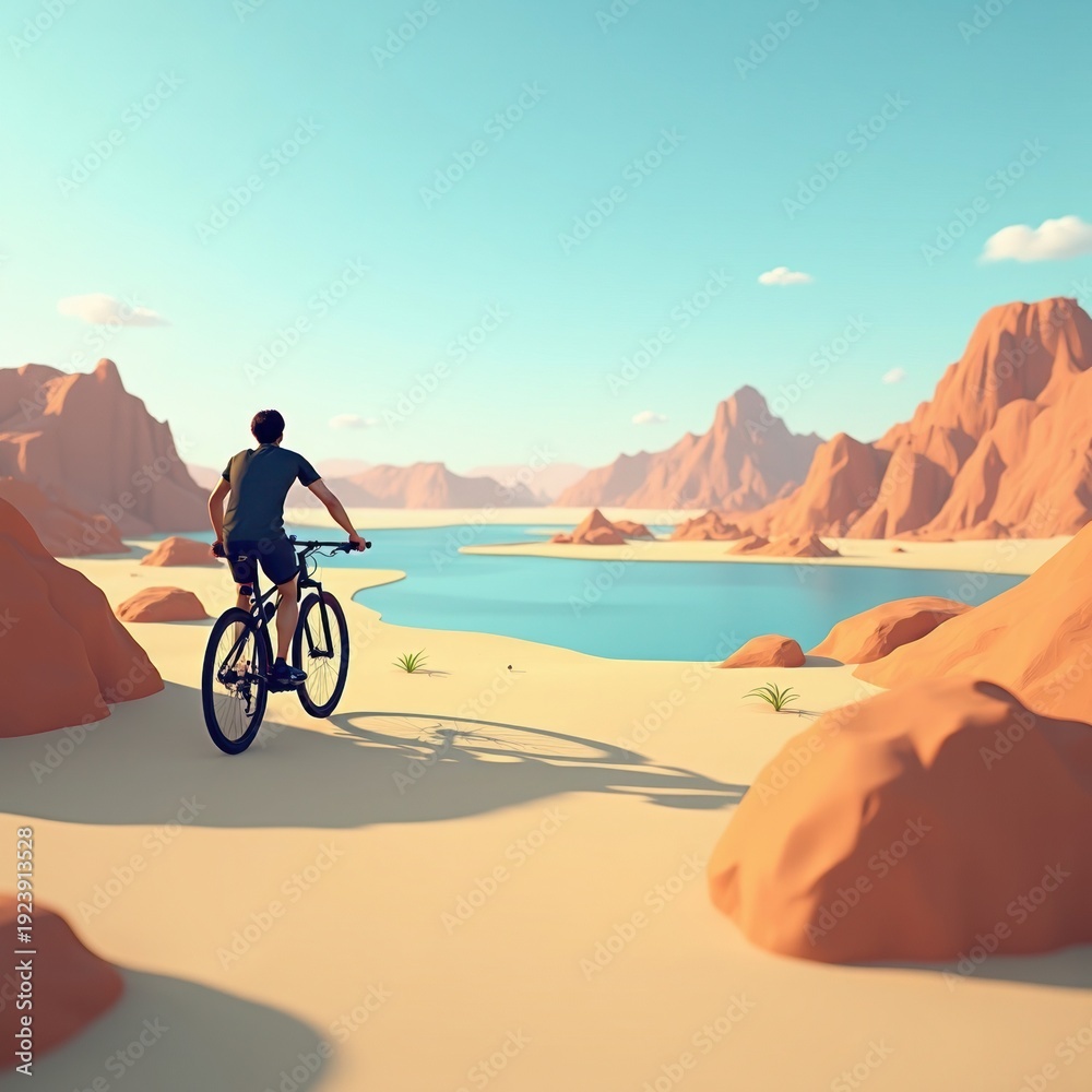 Fototapeta premium A Cyclist Enjoying a Scenic Ride Through a Desert Landscape with Mountains and a Tranquil Lake