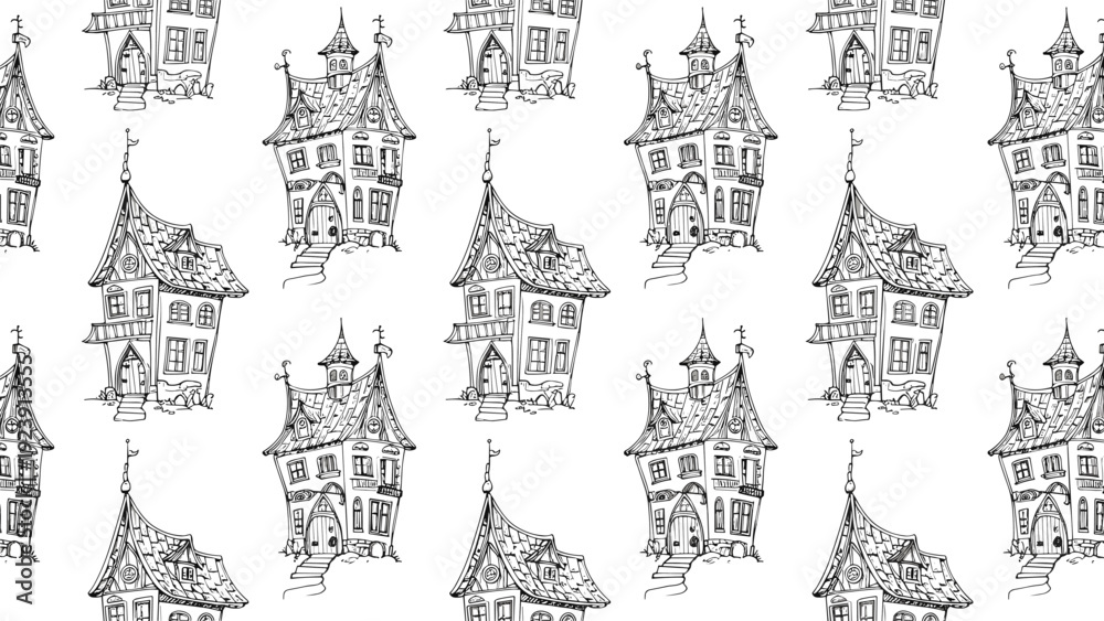 Obraz premium Seamless pattern featuring a series of intricately detailed, hand-drawn European style fantasy houses in black and white.