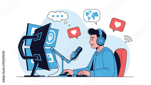 Enthusiastic young man hosts a live podcast from his professional studio equipped with a microphone and multiple monitors.